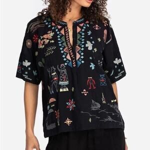 Johnny Was Pete & Greta Seraphina Black Embroidered Short Sleeve Top Women’s XS